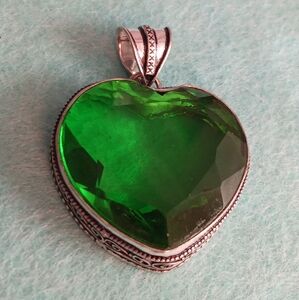 Green Glass Heart Pendant Necklace, Silver Scrollwork, 2 Inches